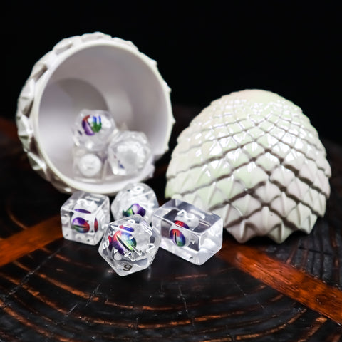 Prismatic Dragon Eye Dice Set Opened Display Egg