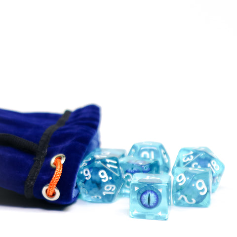 Blue Dragon Eye Dice Set spilling from Bag of dice